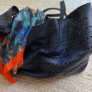 SAKS 5th Avenue Navy Perforated Tote and Scarf
